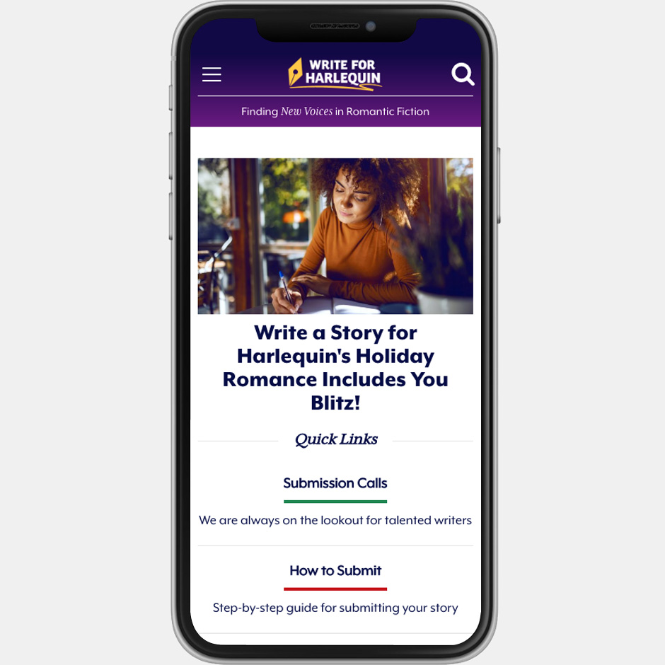 Write for Harlequin homepage in mobile